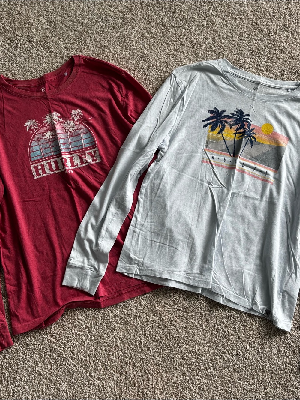 Hurley Long-Sleeve Graphic Tees in Coral and Baby Blue